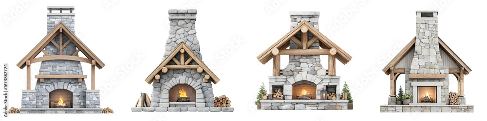 Fototapeta premium Outdoor Stone Fireplace Collection with Wooden Mantle and Stone Chimney