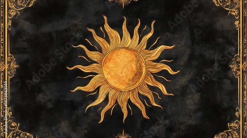 Tarot card layout with a sun motif.
