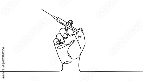 Hand holding syringe line drawing illustration of medical injection in simple outline design  
