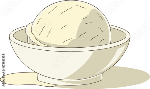 A single scoop of vanilla ice cream sits in a white bowl, slightly melting, casting a soft shadow; light, creamy tones evoke a simple, comforting mood.