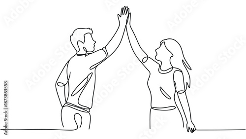 Boy and girl giving high five continuous line vector illustration