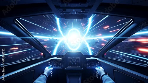 Sci-Fi Spaceship Cockpit Flying Through Hyperspace with Light Streaks and Portal, Futuristic Visuals