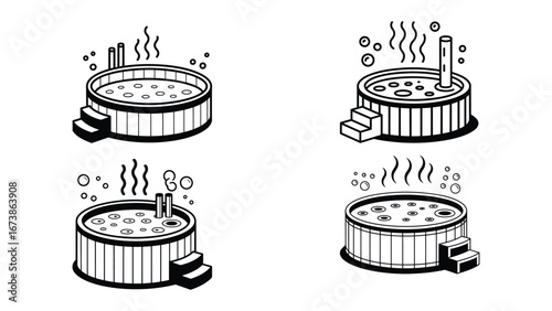 Collection of hot tub icons with steam bubbles and stairs in black and white style
