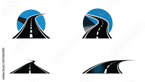 Highway road icon set with curved asphalt paths and travel route design

