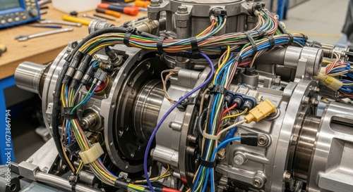 Close-up of Complex Aircraft Engine Wiring Harness and Components