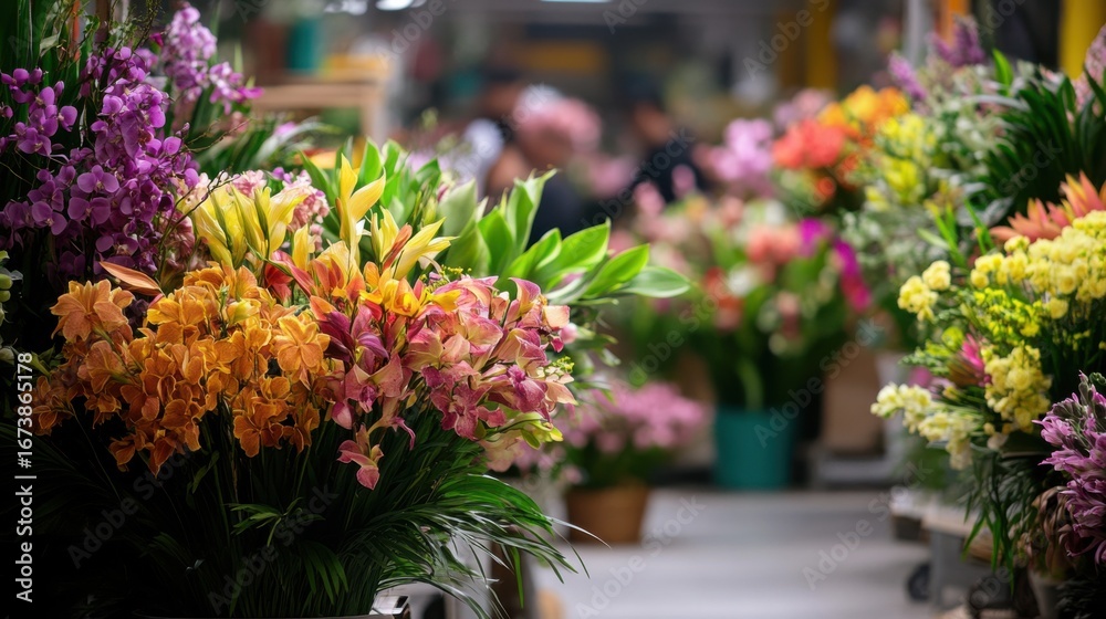 Fototapeta premium Floral arrangements arranged in a florist workshop.
