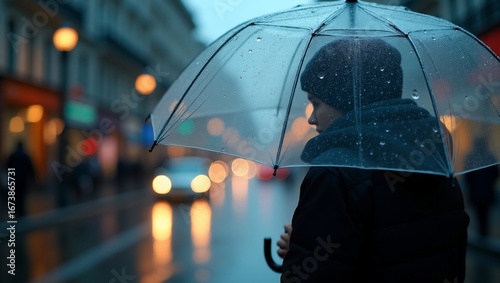 Rainy City Street with Woman with Umbrella.