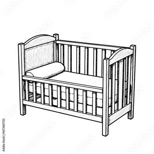 Hand-drawn crib with soft bumper sketch on white background, nursery design