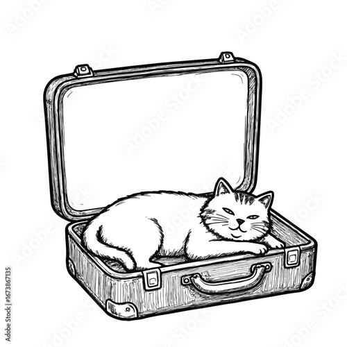 Charming cat relaxing in open suitcase, whimsical illustration