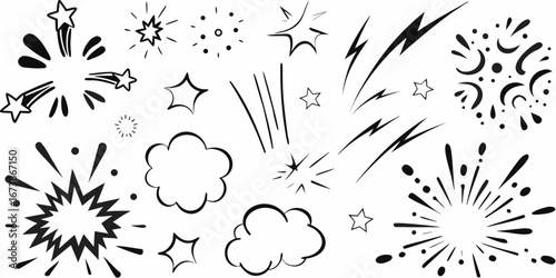 Collection of comic book style explosion and starburst graphic elements in black and white