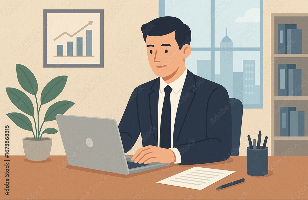 Fototapeta premium Businessman Working on Laptop in Modern Office Illustration