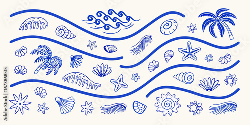 Charming blue hand drawn beach elements including seashells palm trees starfish and waves on a light background