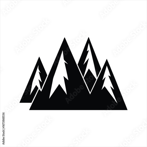 Bold black and white vector graphic icon of four stylized mountain peaks on a white background