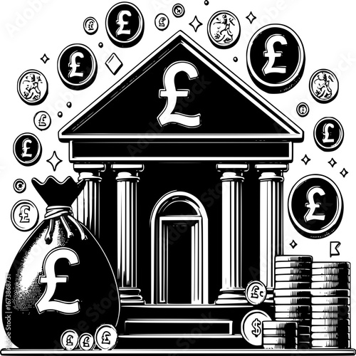 Financial Fortress: A stylized depiction of a bank building, symbolizing financial security and stability, complemented by stacks of coins and a bag of money.