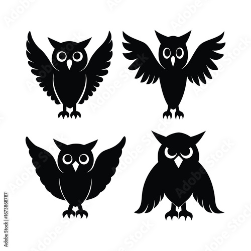 Collection of four distinct black owl vector designs, perfect for nature, wisdom, or nocturnal themes