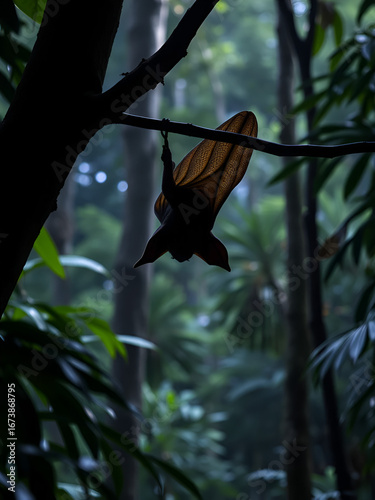 Colugo gliding between trees, nocturnal rainforest scene: A colugo glides silently between trees in the nocturnal rainforest, its wide, membranous wings allowing it to travel effortlessly through