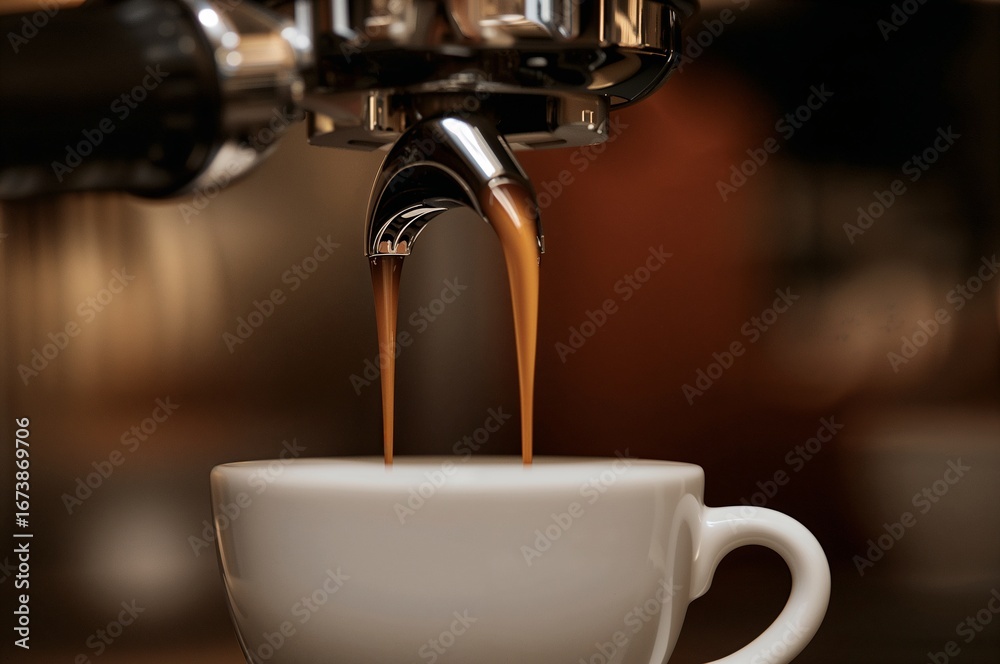 Fototapeta premium Close-up of Espresso Being Poured into a White Cup