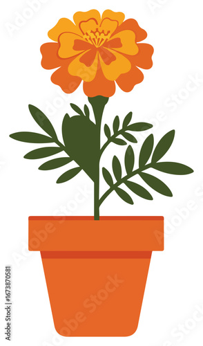 Wallpaper Mural A vibrant orange marigold flower with green leaves in a terracotta pot, presented in a simple, flat vector illustration. Torontodigital.ca