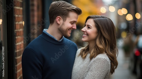 Pair poses for engagement photos against a modern urban backdrop during a joyful session.