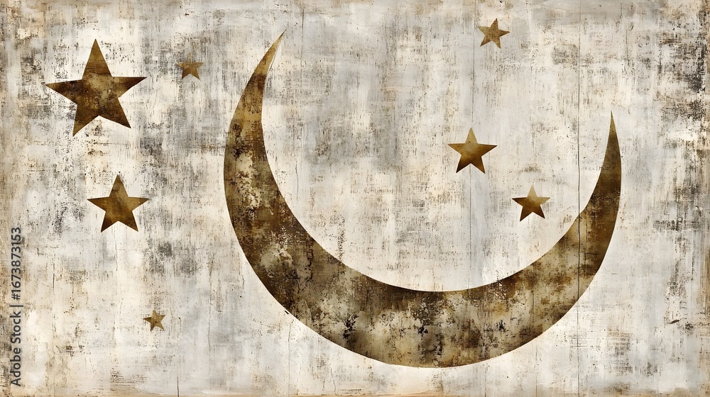 Fototapeta premium Rustic Crescent Moon and Stars Art Print, Grunge Texture, Celestial Design, Beige and Brown Tones