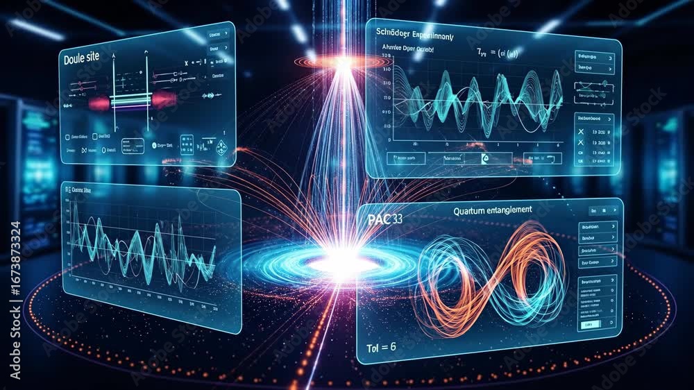 Quantum Mechanics Data Visualization - A futuristic visualization of quantum entanglement and other quantum mechanics concepts displayed on holographic-style interfaces.