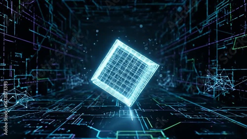 Futuristic Glowing Cube in Digital Cyberspace - A glowing neon grid cube floats above a futuristic circuit board, creating an abstract cyber technology scene.