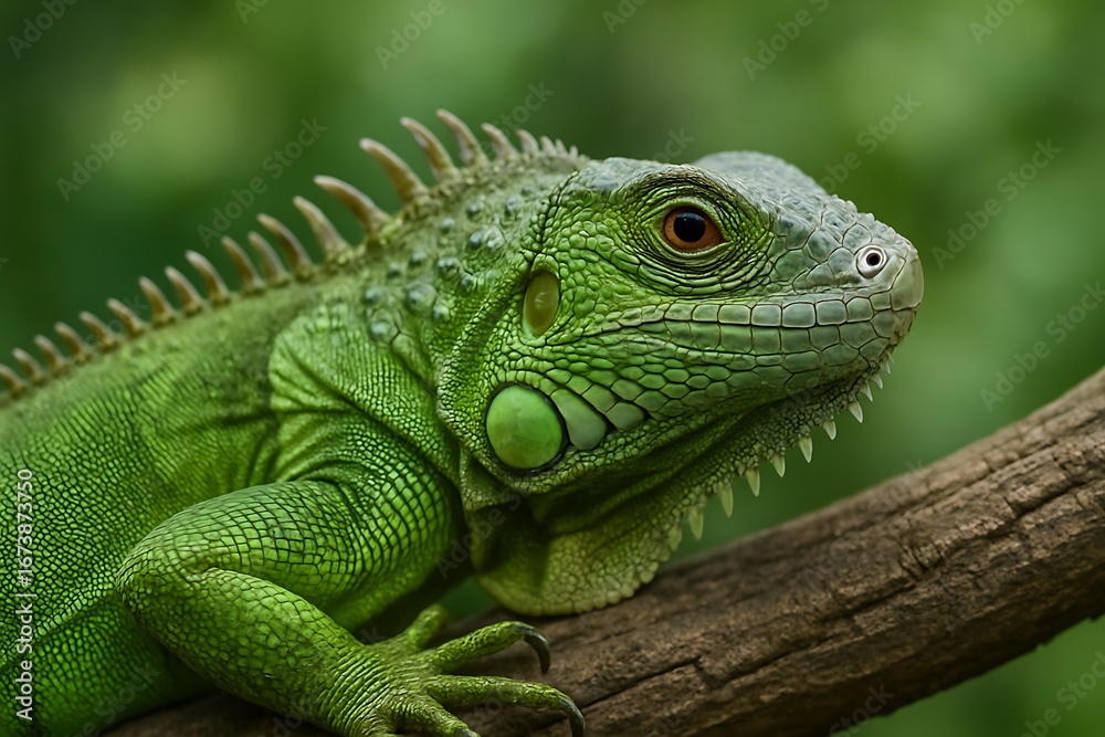 Fototapeta premium Iguana resting on a branch in a lush green environment during daytime