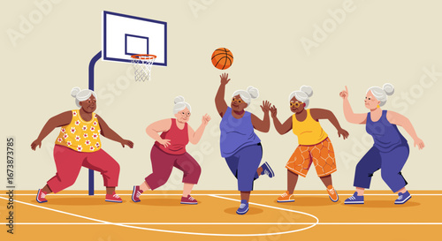 Group of elderly women playing basketball in athletic attire indoors , promoting active lifestyles and social inclusion for older people