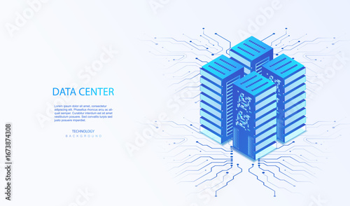 Data center server on circuit board. Work innovation A.I. city servers. Digital bigdata center network. Isometric vector illustration.