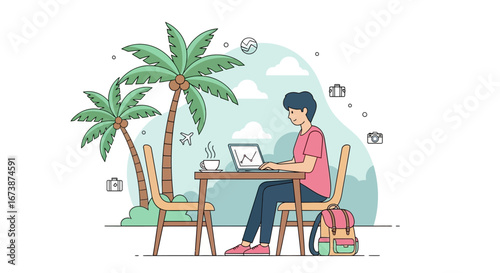 Digital Nomad Vector Illustration Remote Work and Freelancing Lifestyle in Tropical Café
