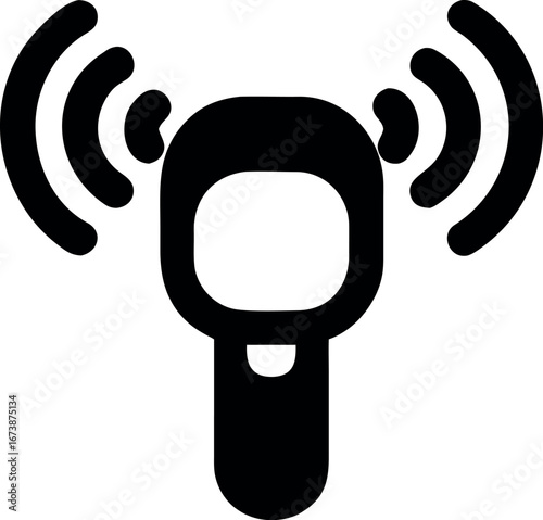 Broadcast microphone symbol with soundwaves, isolated on a white background, representing podcasting and audio communication