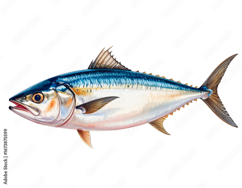 Obraz premium Carefully drawn illustration of bluefish. Charming. Delicious. Hand-drawn style. Brush. Seafood. Freshness. Fresh. Market. DHA, EPA. Health. Diet.