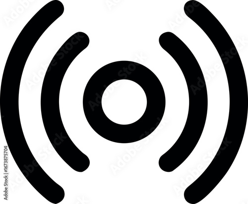 A minimalist black line icon representing a wireless signal, Wi-Fi hotspot, or broadcasting waves. A simple glyph for connectivity, live streaming, and network communication