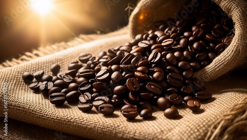 Roasted Coffee Beans Spilling Sack.