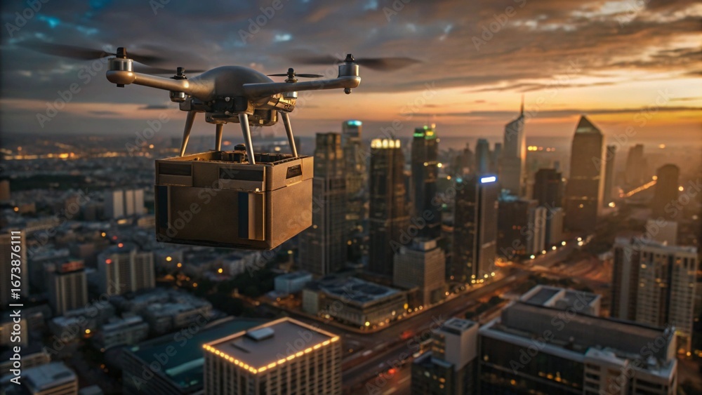 Fototapeta premium Drone delivery system flying above a smart city skyline at sunset