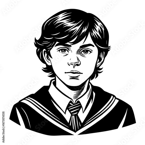 Boy portrait black and white line art illustration drawing of young male character in uniform tie