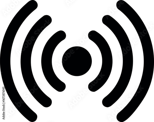 Monochrome vector icon of a wireless signal with concentric waves, representing network connectivity, broadcasting, and hotspot