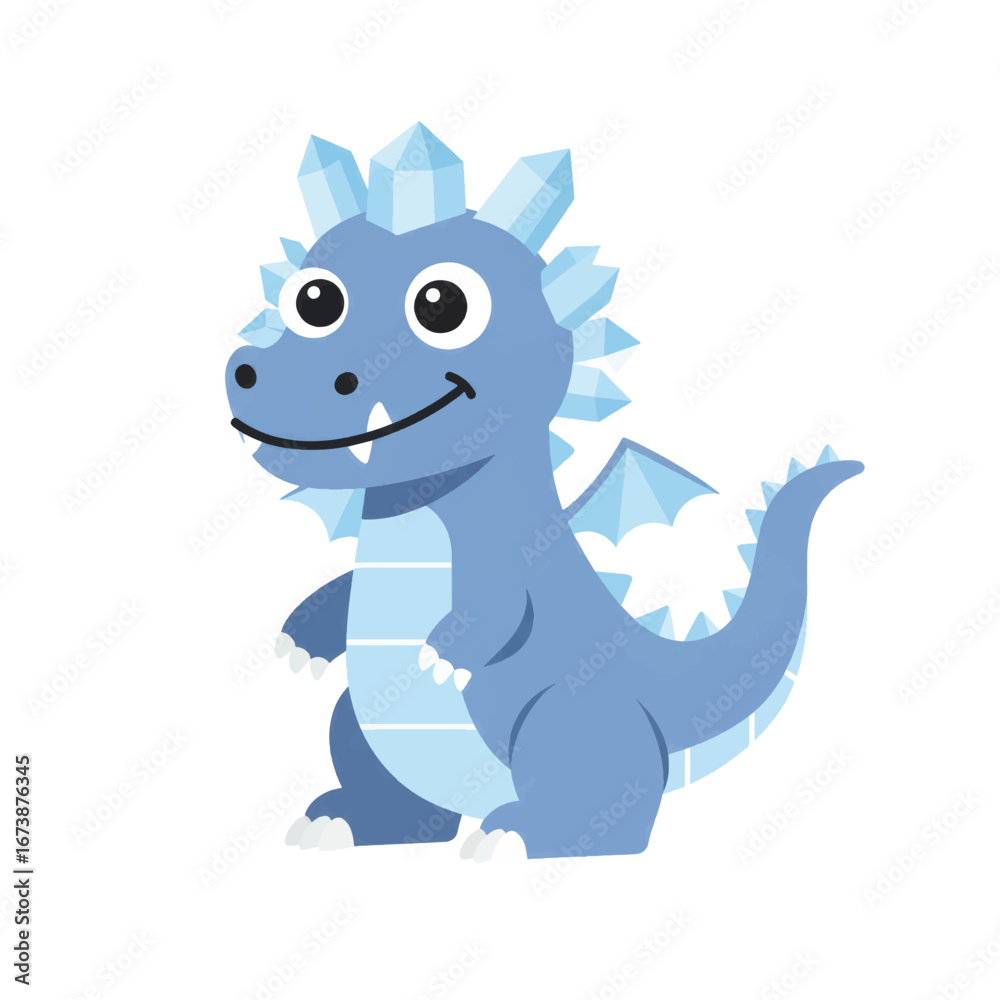Naklejka premium A cute smiling blue cartoon ice dragon with crystalline spikes and small wings.