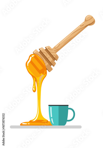 Sweet golden honey dripping from dipper onto table next to teal mug, inviting taste