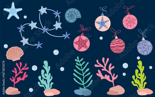 Underwater Christmas vector illustration with corals, seaweed, festive baubles, starfish and decorative marine holiday elements on dark background