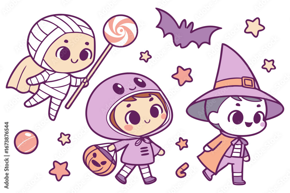 Fototapeta premium Kawaii Halloween Kids in Costumes with Candy and Bat Vector Illustration