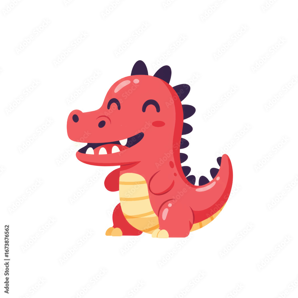 Fototapeta premium Adorable smiling red dinosaur character with purple back spikes and a yellow belly sitting happily.