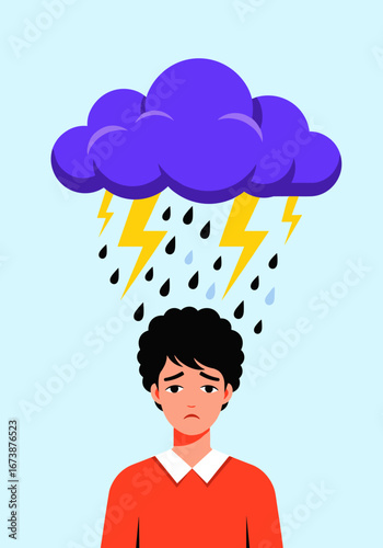 Sad person under a stormy cloud with lightning and rain, symbolizing emotional distress