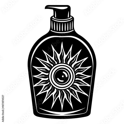 Sunscreen lotion bottle with sun design vector illustration for summer protection and skincare needs