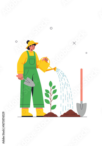 Dedicated gardener nurturing a young plant with a watering can and shovel in a bright, clean setting.