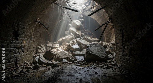 Collapsed Tunnel with Sunlight and Debris, Dark and Moody