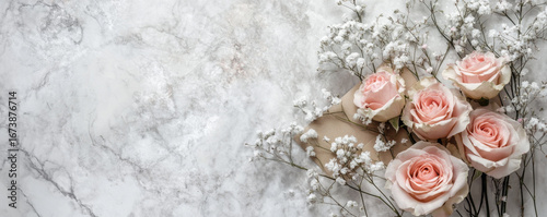 Elegant Pink Roses and Baby's Breath in Envelope on Marble Surface