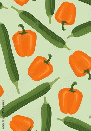 Vibrant orange bell peppers and crisp green cucumbers create a fresh, healthy food pattern
