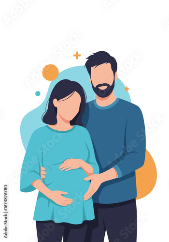 Loving couple embracing pregnant belly, anticipating new life with joy and tenderness.