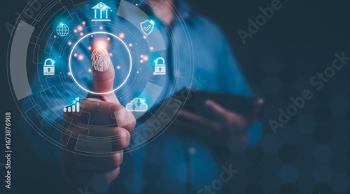 Man scanning fingerprint for biometric identification in digital security access systems like internet banking and mobile phones cybersecurity environment technological viewpoint biometrics concept